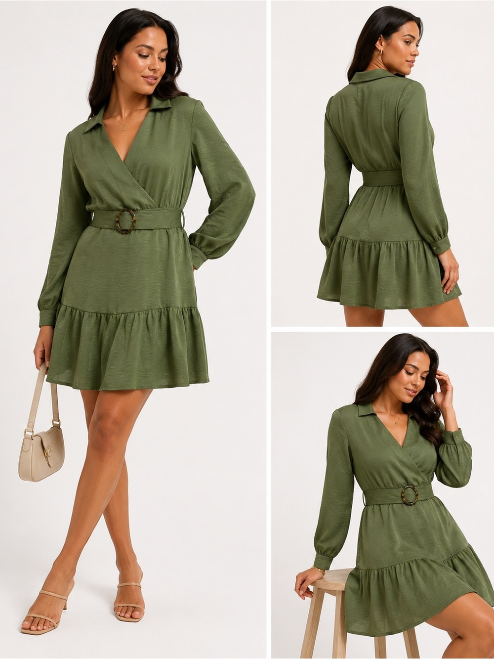 River Island Petite Wrap Belted Shirt Mini Dress Khaki
